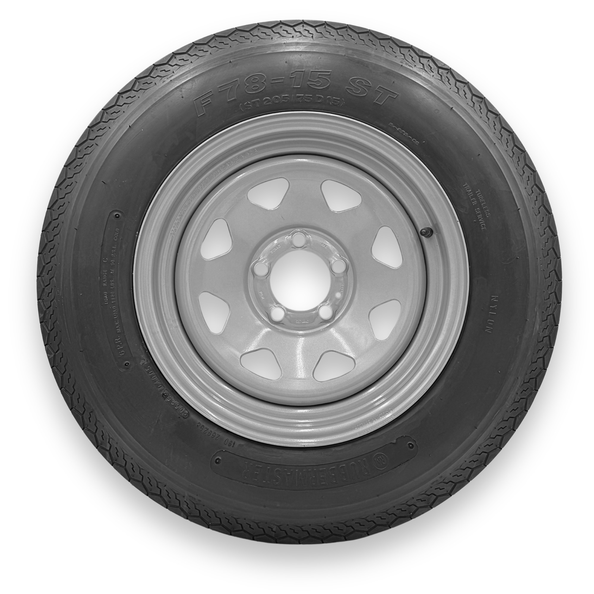 RubberMaster Highway Rib Tire — ST205/75D14, 6 Ply, 5 on 4.5 Bolt, Silver Eight Spoke Wheel, Model# 599225SIL